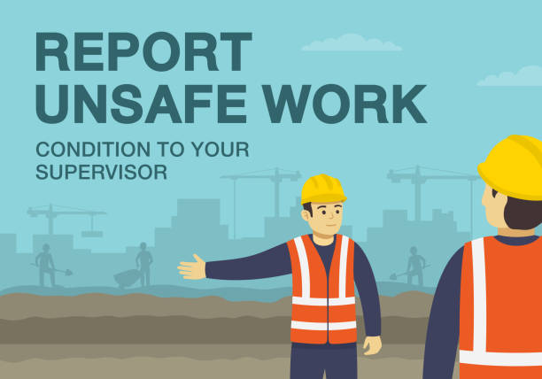 Report unsafe work condition to your supervisor. Talking construction workers. Workplace golden safety rules and tips. Report unsafe work condition to your supervisor. Talking construction workers. Flat vector illustration template. car crash accident cartoon stock illustrations