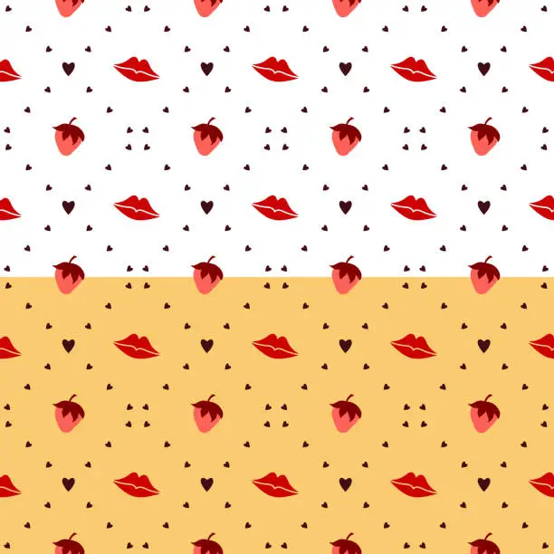 Vector illustration of Doodle checked grid seamless pattern. Hand drawn cartoon style design illustration, cute hearts symbols, lips, strawberry. Pink red color palette. Transparent background. Vector