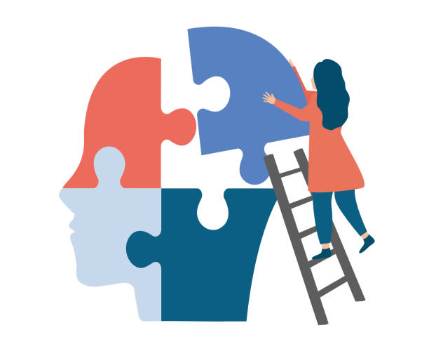 ilustrações de stock, clip art, desenhos animados e ícones de psychotherapist woman connecting jigsaw pieces of a head together. support people with mental illness. brainstorming, creativity and therapy. - alternative therapy illustrations
