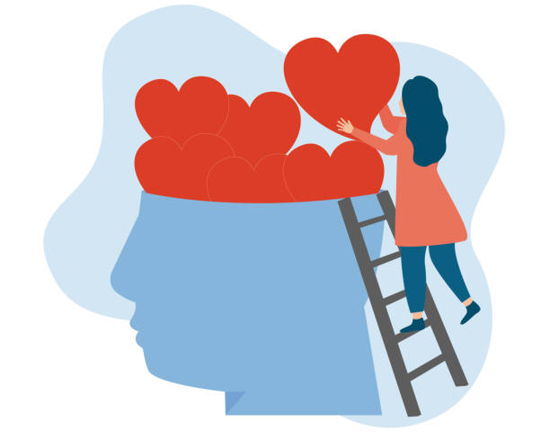 konzept für psychische gesundheit und liebe. ein mädchen oder eine frau füllt einen menschlichen kopf mit herzen und positiven emotionen. therapie und wohlbefinden. - heart shape behavior human head hope stock-grafiken, -clipart, -cartoons und -symbole