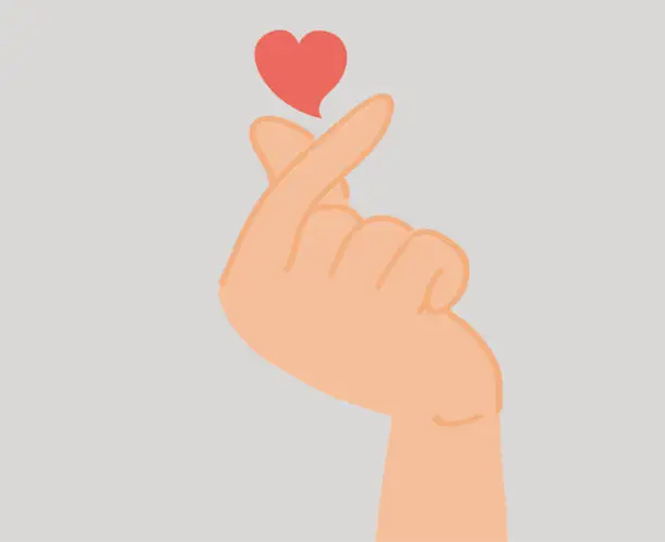 Vector illustration of Mini heart sign with index finger and thumb crossed. Traditional Korean gesture to show love. Saint Valentine's day concept.