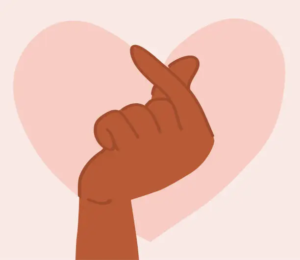 Vector illustration of Illustration of an African American hand doing a mini heart symbol. Love sign with index finger and thumb crossed. Saint Valentine's day concept.
