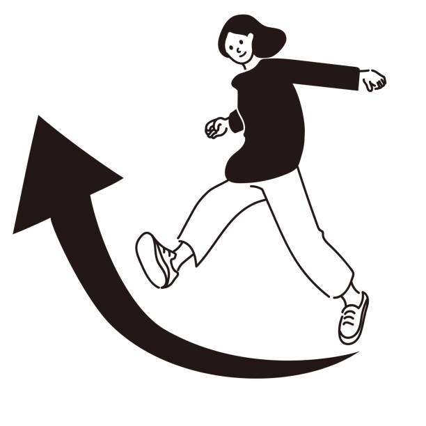 Line drawing of a woman running with an arrow Line drawing of a woman running with an arrow monochrome clothing stock illustrations