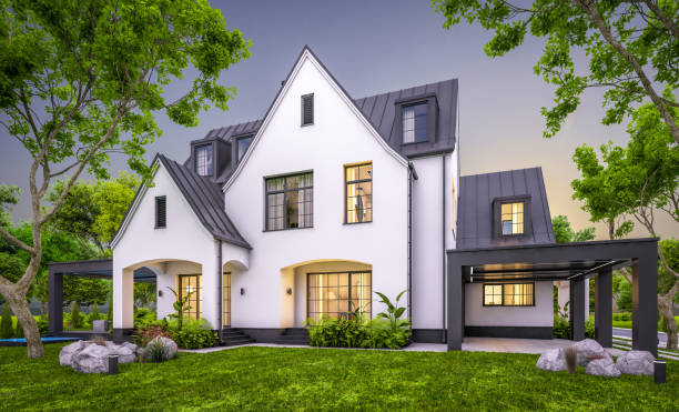 istock 3d rendering of white and black modern Tudor house in evening 1451377609