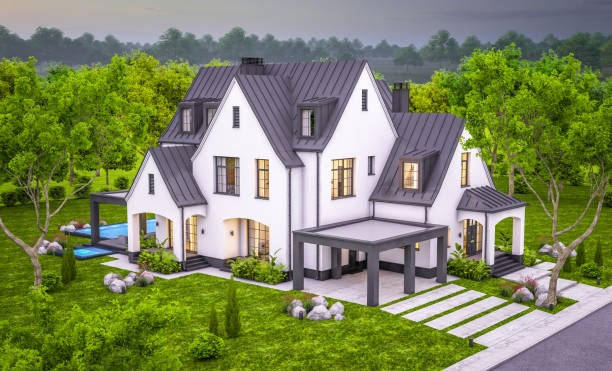 istock 3d rendering of white and black modern Tudor house in evening 1451377618