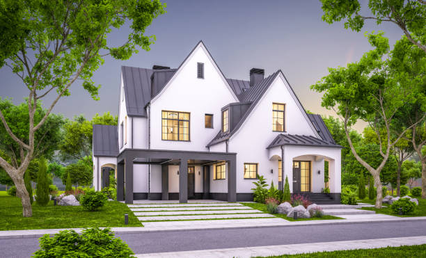 istock 3d rendering of white and black modern Tudor house in evening 1451377668