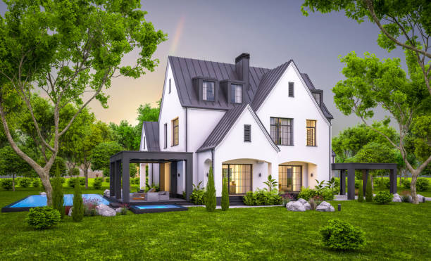 istock 3d rendering of white and black modern Tudor house in evening 1451377678