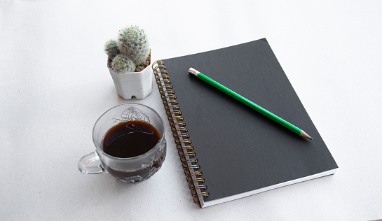 black spiral notebook There is a coffee cup and a cactus next to it. and there is a pencil on top