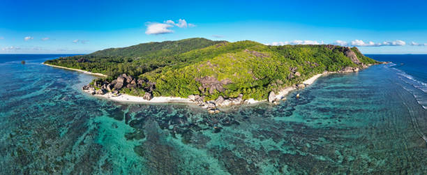 istock Aerial panoramic view of Beach Anse Source d'Argent, La Digue, Seychellen 1451383541