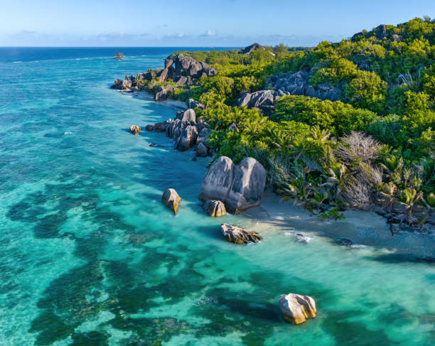 Aerial view of Beach Anse Source d'Argent, La Digue, Seychellen in morning light Aerial view of Beach Anse Source d'Argent, La Digue, Seychellen in morning light seychelles stock pictures, royalty-free photos & images