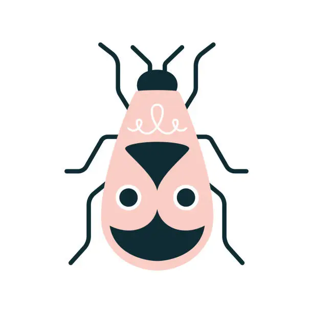 Vector illustration of Cartoon flat pink bug with horns with decor on the back isolated. Vector illustration of a Beatles for logo or print on clothes in art deco style