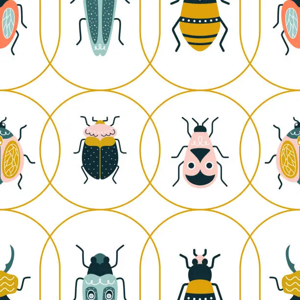 Vector illustration of Cute colorful bugs in yellow circles in art deco style. Vector seamless pattern with Beatles in art deco style