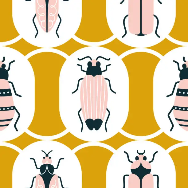 Vector illustration of Cute pink bugs in geometric shapes on a yellow background. Vector seamless pattern with Beatles in art deco style