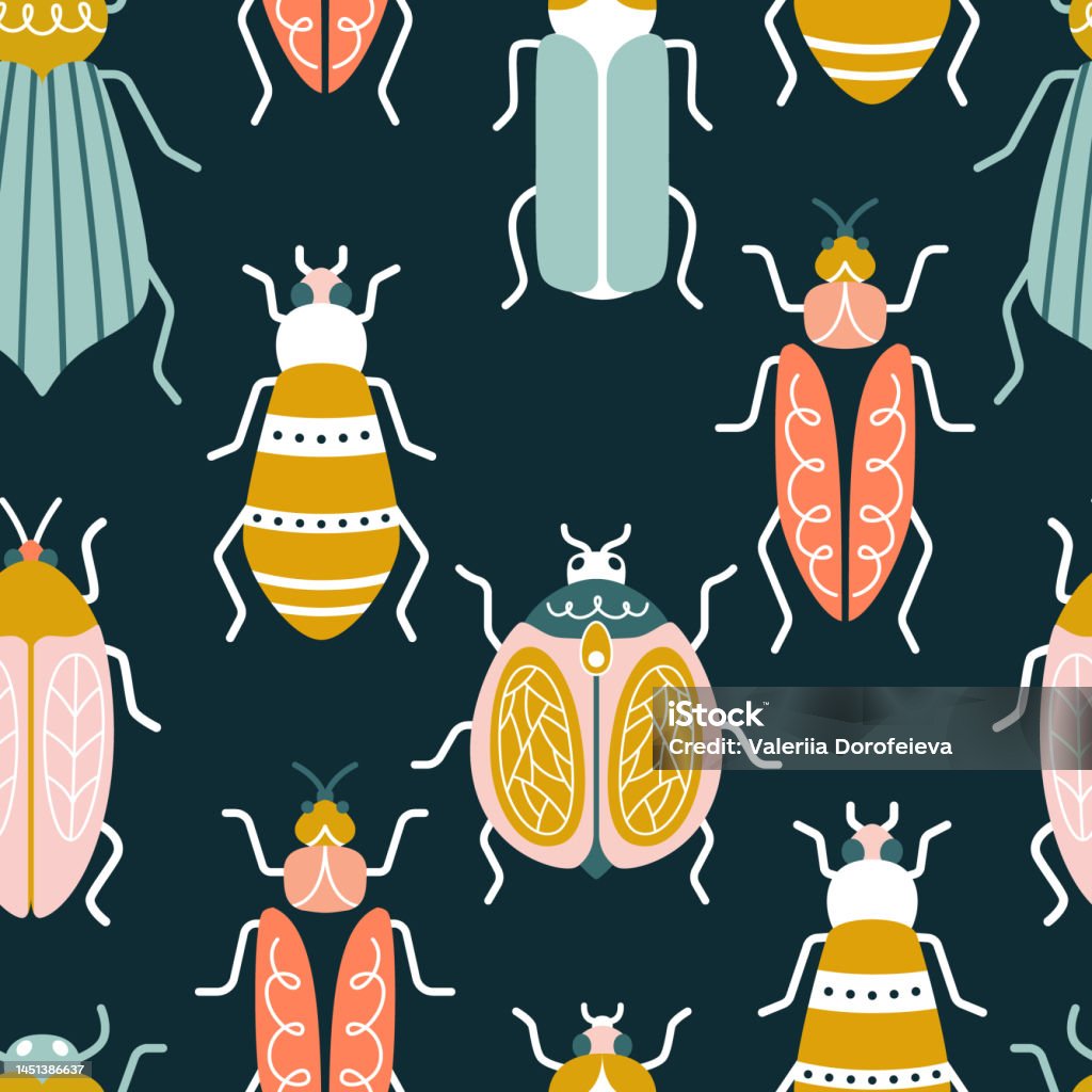Bug Pattern Blue Background Multicolored Bugs On A Blue Background In Art Deco Style Seamless ...