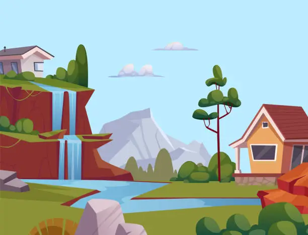 Vector illustration of Landscape outdoor background with flowing waterfalls on mountains horizon. Vector cartoon houses and trees