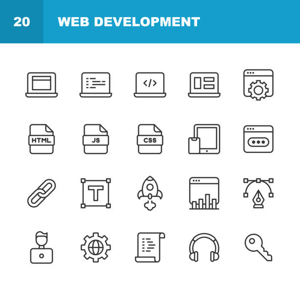 Web Development Line Icons. Editable Stroke. Pixel Perfect. For Mobile and Web. Contains such icons as Artificial Intelligence, Cloud Computing, Data Science, Database, Design, Engineer, Programming, SEO, Software Development, Web Design. 20 Web Development Outline Icons. Advertising, Application, Artificial Intelligence, Bug, Business, Business Content, Cloud Computing, Coding, Computer, Content, Cybersecurity, Data, Data Science, Database, Design, Development, Digital Marketing, Engineer, Gear, Global Business, Hacker, Html, Idea, Internet, Key, Laptop, Link, Marketing, Mobile App, Password, Performance, Programming, Responsive, Search, Search Engine Optimisation, Security, SEO, Server, Settings, Smartphone, Social Network, Software, Software Development, Startup, Technology, Testing, Tools, Typography, User Experience, User Interface, Web, Web Design, Web Development, Web Layout, Website. web page computer icon symbol engineer stock illustrations