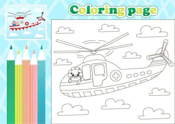 Vector illustration of Medical coloring page for kids with cute pig doctor in cartoon helicopter ambulance