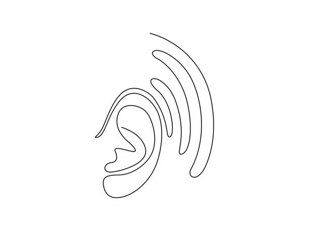 jeden ciągły rysunek linii ludzkiego ucha. ikona symbol słuchu, zdrowia i pomocy sensorycznej w prostym stylu liniowym. zarys koncepcji edytowalnego skoku światowego dnia głuchoniemych. ilustracja wektorowa doodle - listening people human ear speaker stock illustrations