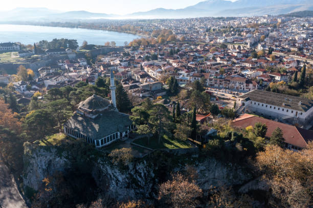 Greece, Ioannina Pamvotida Lake, Epirus. Aerial drone view of Giannena city. stock photo