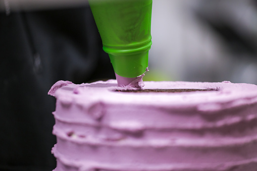 cake chef designer using rose cream filling piping bag decorating layered dark chocolate cake at kitchen lab