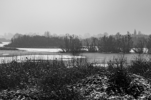 Nature reserve at Fen Drayton, Cambridgeshire with frozen lakes.