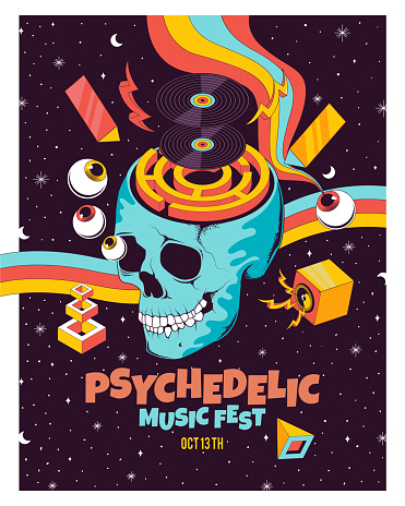 Psychedelic Music Poster with Skull, Eye, Rainbow, Vinyl Record, Sound, and Galaxy Background Illustration