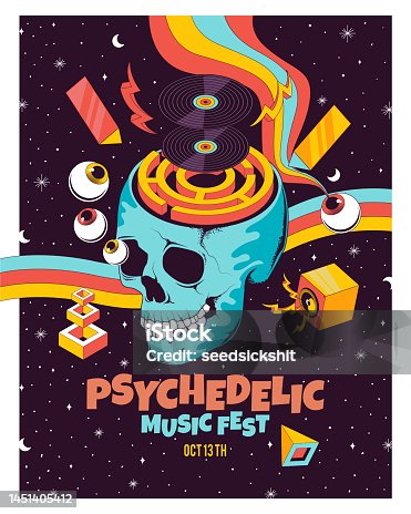 istock Psychedelic Music Poster with Skull, Eye, Rainbow, Vinyl Record, Sound, and Galaxy Background Illustration 1451405412