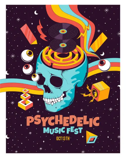 Vector illustration of Psychedelic Music Poster with Skull, Eye, Rainbow, Vinyl Record, Sound, and Galaxy Background Illustration