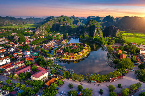 Aerial view of Tam coc at sunrise in Vietnam. stock photo
