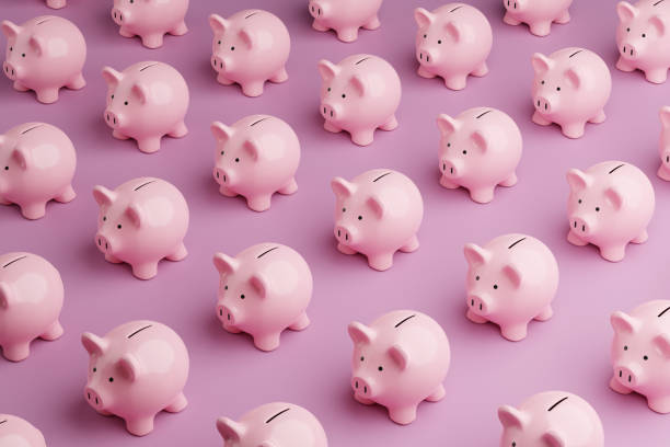 conjunto de alcancías rosadas sobre fondo rosa. ilustración del concepto de ahorro personal e inversión financiera - hucha cerdito fotografías e imágenes de stock
