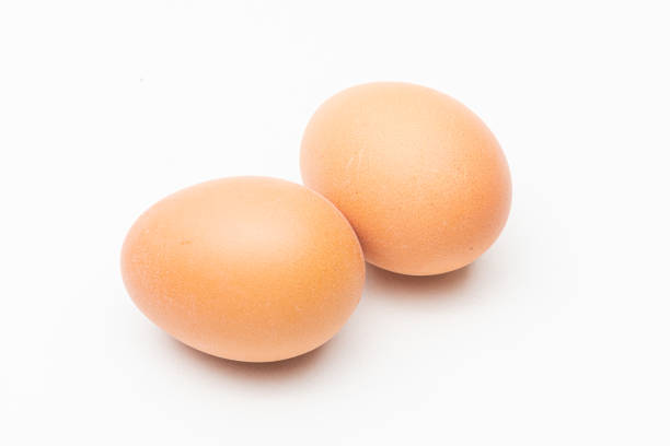 due uova biologiche marroni isolate su backkground bianco. - two eggs foto e immagini stock