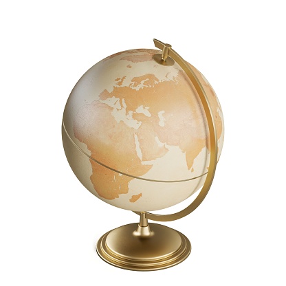A 3d brown globe model isolated on a white background.