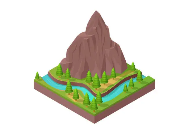 Vector illustration of mountain with river and trees