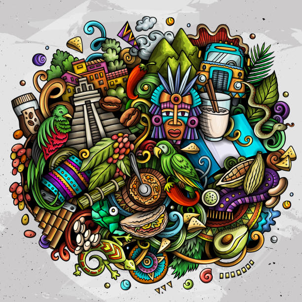 Guatemala cartoon doodle funny illustration Guatemala cartoon doodle illustration. Funny design. Creative vector background with central America country elements and objects. Colorful composition puerto quetzal guatemala stock illustrations