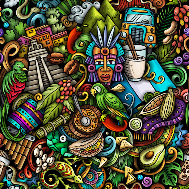 Cartoon doodles Guatemala seamless pattern Cartoon doodles Guatemala seamless pattern. Backdrop with local Central America culture symbols and items. Colorful background for print on fabric, textile, greeting cards, scarves, wallpaper puerto quetzal guatemala stock illustrations