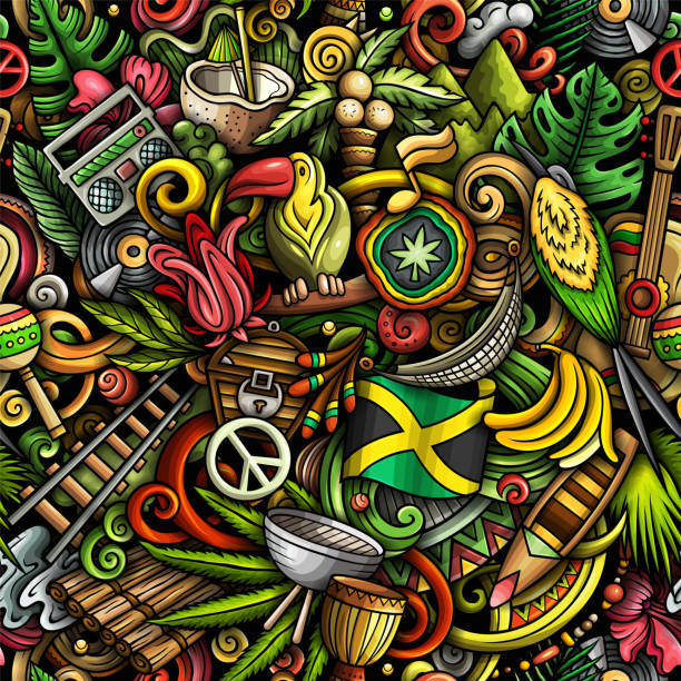 Cartoon doodles Jamaica seamless pattern Cartoon doodles Jamaica seamless pattern. Backdrop with local Jamaican culture symbols and items. Colorful background for print on fabric, textile, greeting cards, scarves, wallpaper drawing of jamaican food stock illustrations