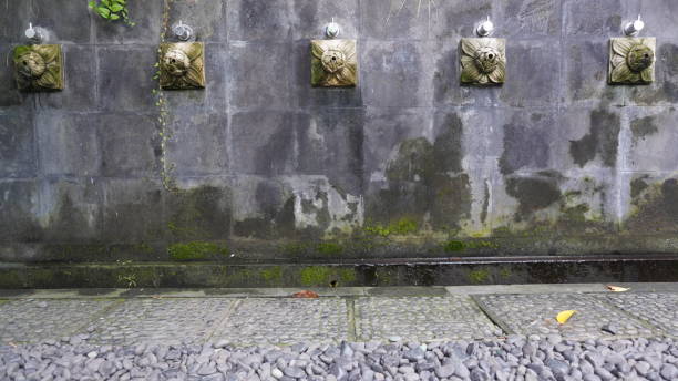 künstlerische dusche wasserbrunnen von steinmauer. dekorativer wasserhahn, der an einer steinmauer befestigt ist, normalerweise zum waschen von hand, fuß und gesicht - regenstein stock-fotos und bilder
