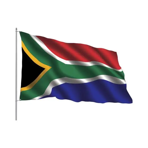 Vector illustration of flying country flag on the pole SOUTH AFRICA