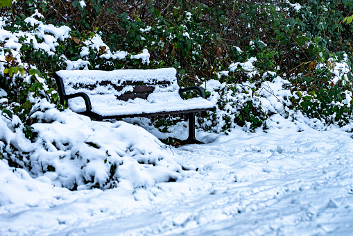 Park bench in the snow.