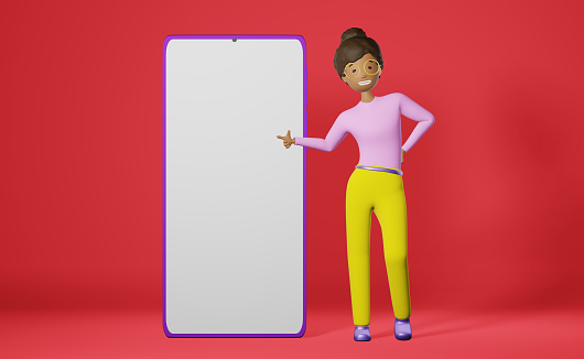 Smiling African American girl big smartphone mockup pink 3D rendering app UI UX design. Freelance worker Studying education student. Cartoon multiethnic character business woman gadget screen display.