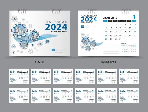 Vector illustration of Creative calendar 2024 Set template, Set of 12 Months, desk calendar 2024, Planner, Week starts on Sunday, Stationery design, Wall calendar 2024 template, printing,  machinery cover design, vector