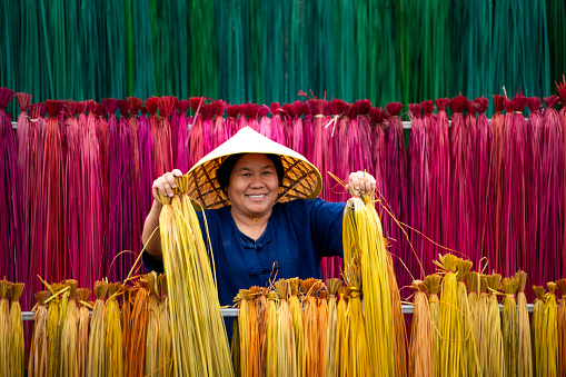 Processing of flax trees into different colors to be weaved into mats. One of the occupations and lifestyles of village people in rural Thailand.