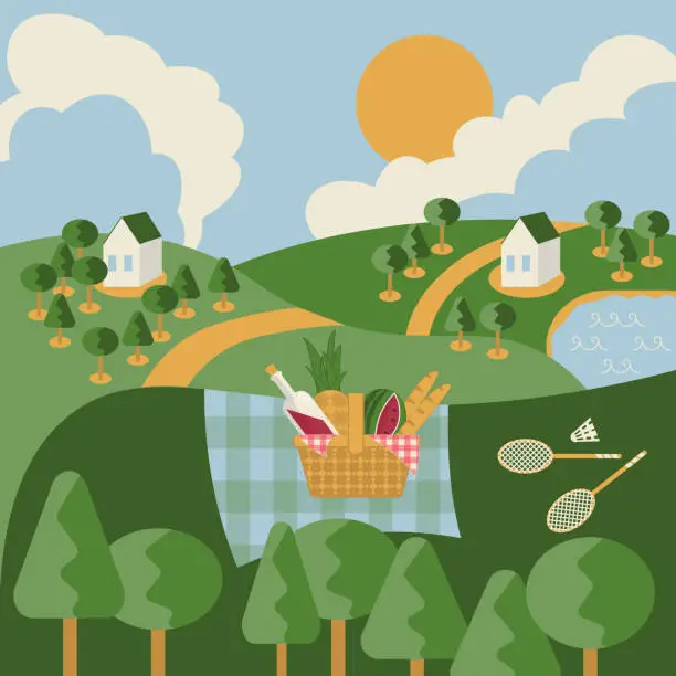 Vector illustration of Landscape composition with picnic basket and badminton set
