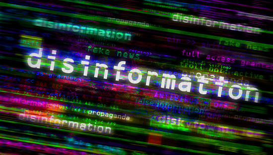 Disinformation media and abstract screen. Fly between glitch and noise text concept of fake news, hoax, false information and propaganda 3d illustration.