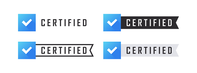 Certified check marks. Confirmation badges. Verification checkbox icons. Vector illustration