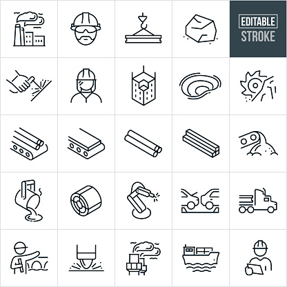 A set of steel industry icons that include editable strokes or outlines using the EPS vector file. The icons include a steel mill, steel factory, steel worker wearing hard hat and safety glasses, steel beam being lifted with crane hook, steel ore, metal ore, welding steel, steel mill worker wearing hardhat and face shield, building steel construction frame, metal ore mine, metal ore extraction, ore mining, steel rod on conveyor belt, sheet of steel on conveyor belt, steel rod, wrought iron, steel smelter, roll of steel, robotic welder, vehicle production, steel transportation using a semi-truck, construction manager pointing to steel bridge, spot welder, steel transport via shipping barge and a steel worker doing and inspection.