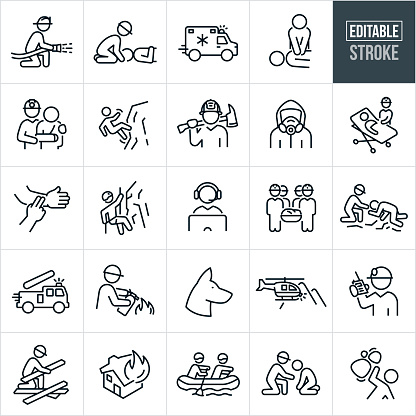 A of rescue workers icons that include editable strokes or outlines using the EPS vector file. The icons include a firefighter using a firehose to put out a fire, rescue worker stabilizing the head of an injured person on their back, ambulance rushing to emergency, EMT doing chest compressions on a victim, search and rescue worker assisting a person with an injured arm in a sling, person falling from rock face, firefighter with ax on shoulder, rescue worker dressed in hazmat gear, rescue worker at the side of an injured person on stretcher, hands checking pulse on victim, search and rescue person rappelling down cliff face, emergency dispatch worker with headset at computer, search an rescue team of four carrying an injured person on a stretcher, rescue worker crouching down to help injured person, fire engine racing to an emergency, rescue worker using fire extinguisher to put out fire, German Shepard rescue dog, helicopter involved in a search and rescue in the mountains, search and rescue worker on radio, disaster responder lifting debris, house fire, disaster responders in raft in search of flood victims, disaster responder attending to injured person and a rock slide falling on a person.