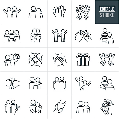 A set of friends icons that include editable strokes or outlines using the EPS vector file. The icons include two friends with arms on each others shoulders waving, friend with arm around the shoulder of sad friend, high five between friends, four friends jumping and holding hands, three friends with arms around shoulders and waists, two friends hugging, friends holding hands, friends doing a pinky promise, friend giving another friend a gift, two friends taking a selfie together, friends doing a fist bump, friends doing a hand stack, three friends with arms around shoulders, two friends giving each other a high five, two hands fist bumping, friend with hand on shoulder of saddened friend, two friend with arms around each others shoulders, two friends waving to one another, two friends eating lunch together, two friends playing golf, two hands grasping each other, friend helping another friend up a cliff face and other related friend icons.