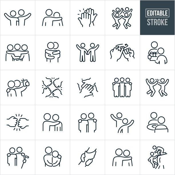 Friends Thin Line Icons - Editable Stroke - Icons Include Friends, Best Friends, Friendships, Relationships, Arm Around Shoulder, Consoling, Support, Bonding A set of friends icons that include editable strokes or outlines using the EPS vector file. The icons include two friends with arms on each others shoulders waving, friend with arm around the shoulder of sad friend, high five between friends, four friends jumping and holding hands, three friends with arms around shoulders and waists, two friends hugging, friends holding hands, friends doing a pinky promise, friend giving another friend a gift, two friends taking a selfie together, friends doing a fist bump, friends doing a hand stack, three friends with arms around shoulders, two friends giving each other a high five, two hands fist bumping, friend with hand on shoulder of saddened friend, two friend with arms around each others shoulders, two friends waving to one another, two friends eating lunch together, two friends playing golf, two hands grasping each other, friend helping another friend up a cliff face and other related friend icons. hands clasped stock illustrations