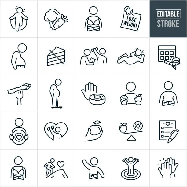 Vector illustration of Dieting Thin Line Icons - Editable Stroke - Icons Include Dieting, Weight Loss, Losing Weight, Overweight, Overweight Person, Healthy Lifestyle, Healthy Eating, Exercise